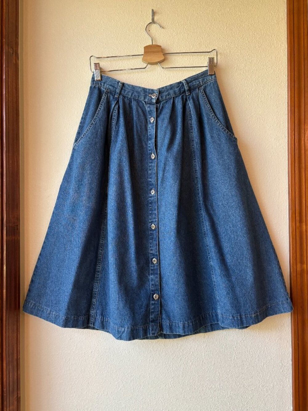 Vintage 80s Classic Elements Medium Wash Denim Skirt Midi A-Line Pockets Size 10